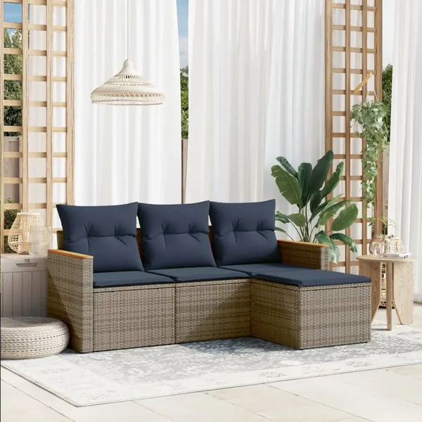 Ensemble de canapé de jardin 4 pcs avec coussins gris résine tressée