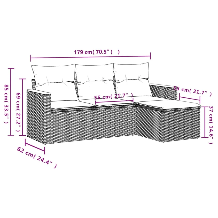 Ensemble de canapé de jardin 4 pcs avec coussins gris résine tressée - 8