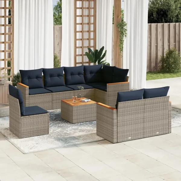 Ensemble de canapé de jardin 9 pcs avec coussins gris résine tressée