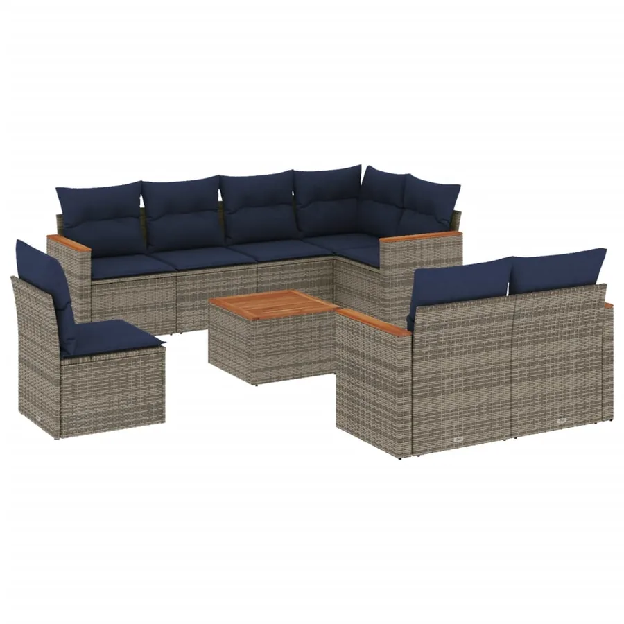 Ensemble de canapé de jardin 9 pcs avec coussins gris résine tressée - 2