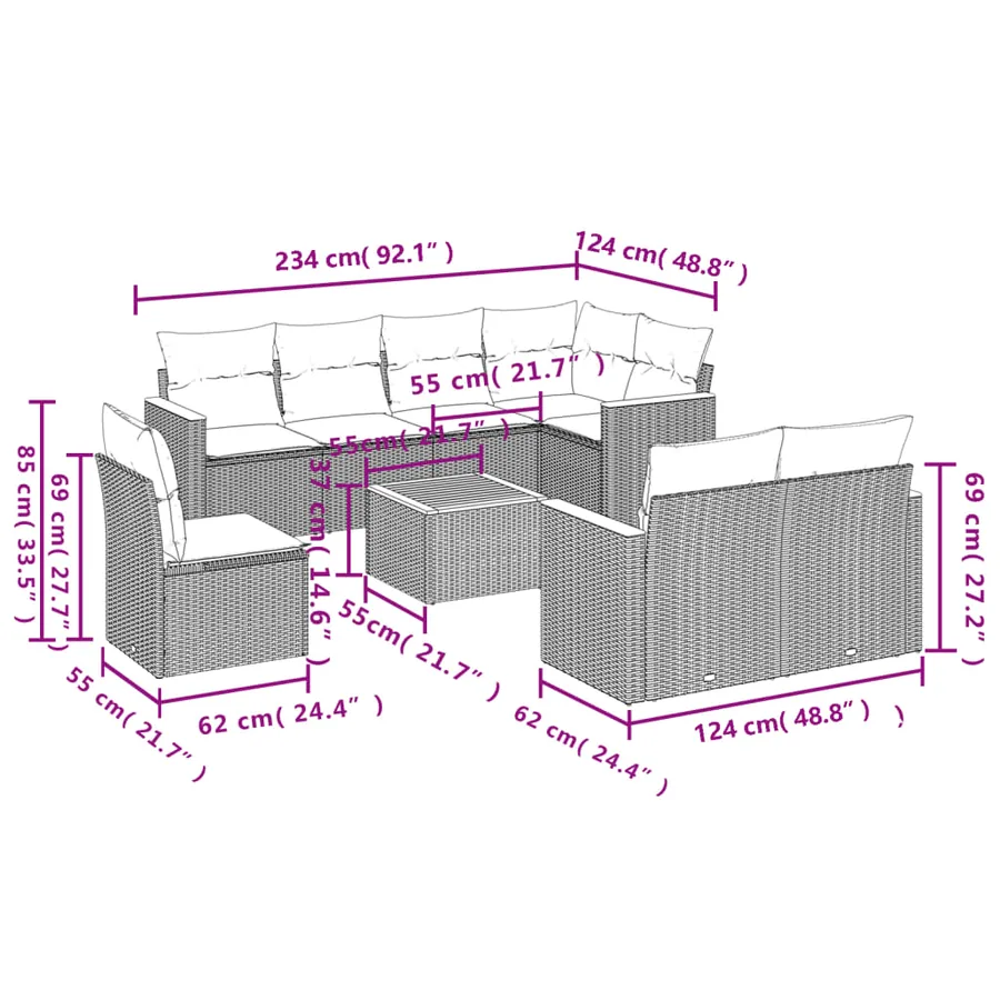 Ensemble de canapé de jardin 9 pcs avec coussins gris résine tressée - 8