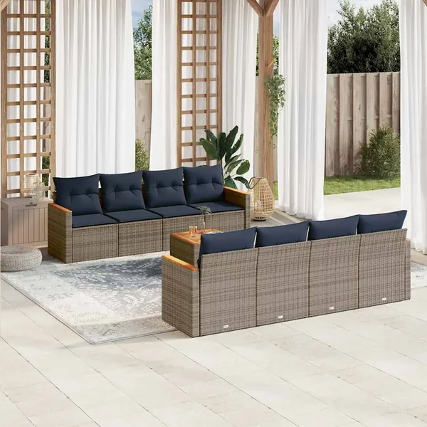 Ensemble de canapé de jardin 9 pcs avec coussins gris résine tressée