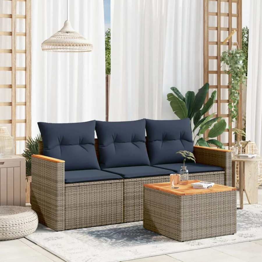 Ensemble de canapé de jardin 4 pcs avec coussins gris résine tressée