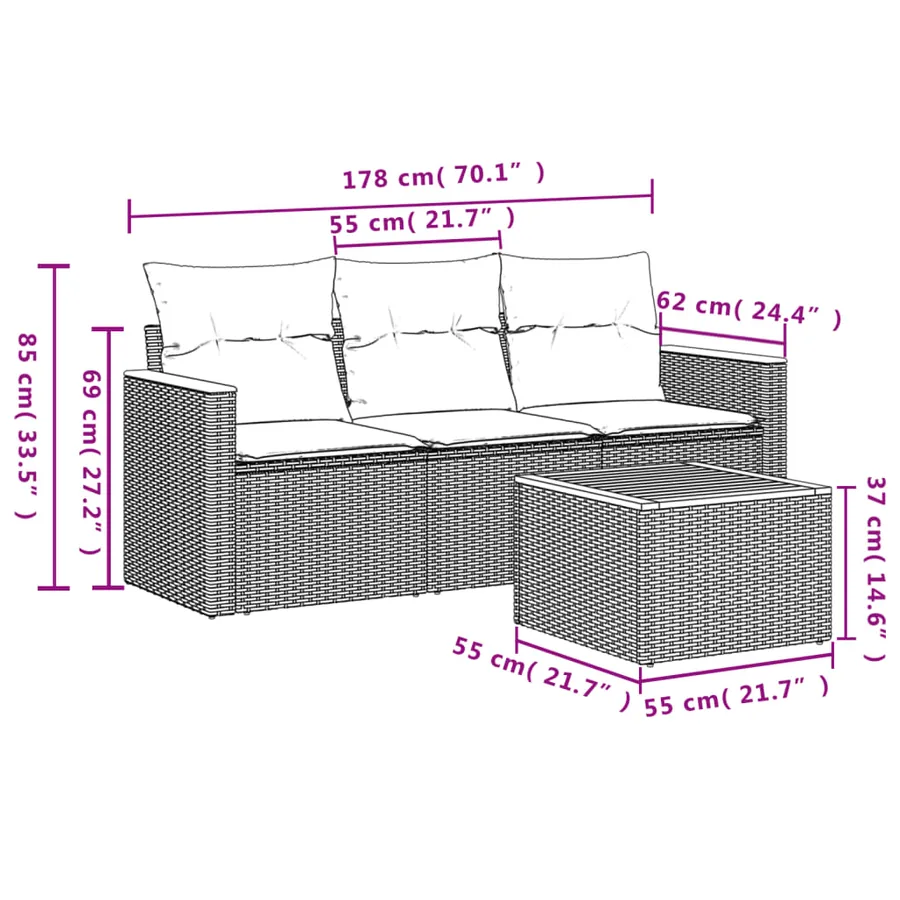 Ensemble de canapé de jardin 4 pcs avec coussins gris résine tressée - 8