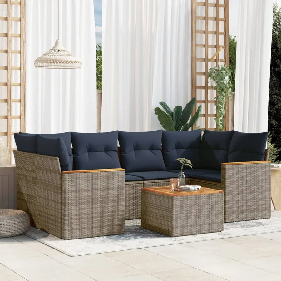 Ensemble de canapé de jardin 7 pcs avec coussins gris résine tressée