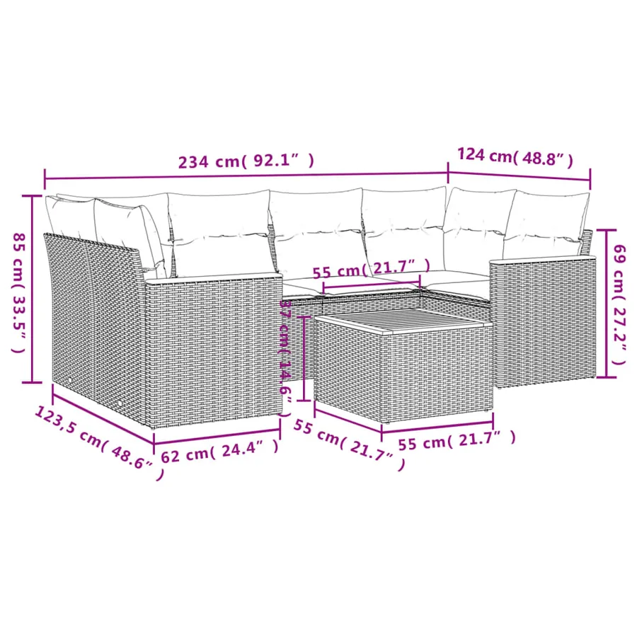 Ensemble de canapé de jardin 7 pcs avec coussins gris résine tressée - 8