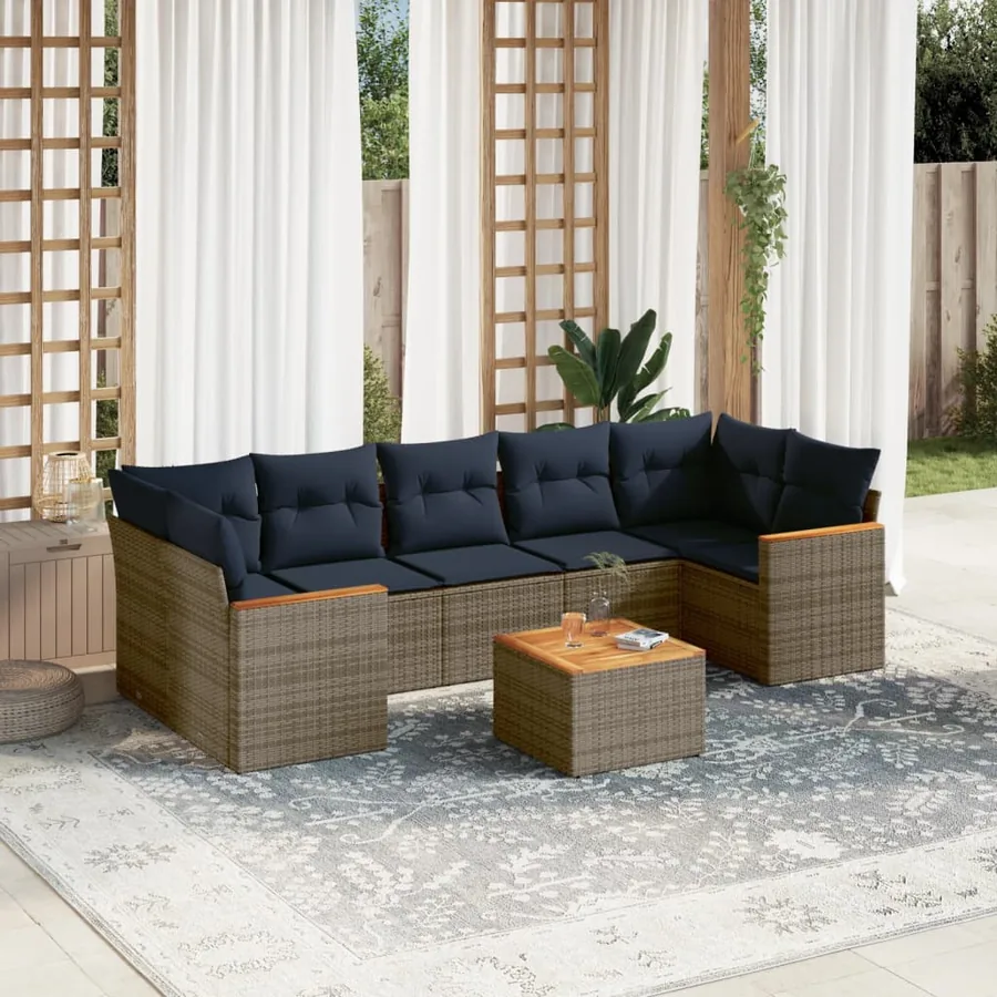 Ensemble de canapé de jardin 8 pcs avec coussins gris résine tressée