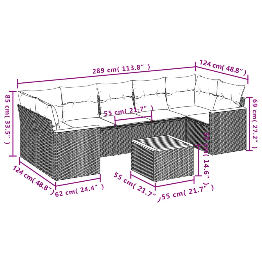 Ensemble de canapé de jardin 8 pcs avec coussins gris résine tressée - 8