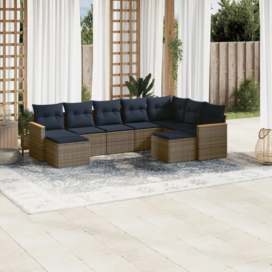 Ensemble de canapé de jardin 9 pcs avec coussins gris résine tressée