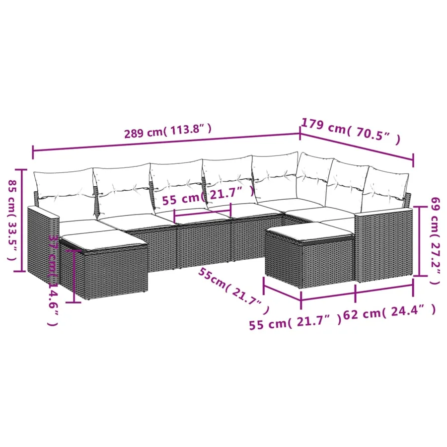 Ensemble de canapé de jardin 9 pcs avec coussins gris résine tressée - 8