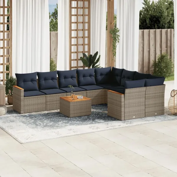 Ensemble de canapé de jardin 10 pcs avec coussins gris résine tressée