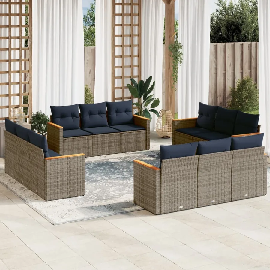 Ensemble de canapé de jardin 12 pcs avec coussins gris résine tressée