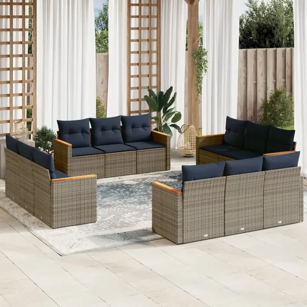 Ensemble de canapé de jardin 12 pcs avec coussins gris résine tressée