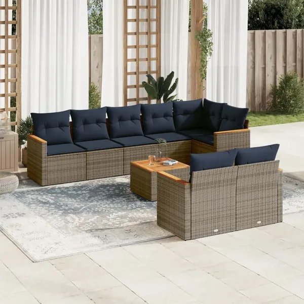 Ensemble de canapé de jardin 9 pcs avec coussins gris résine tressée