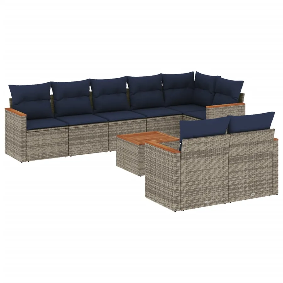 Ensemble de canapé de jardin 9 pcs avec coussins gris résine tressée - 2
