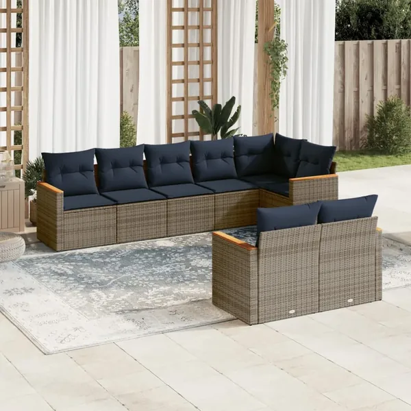Ensemble de canapé de jardin 8 pcs avec coussins gris résine tressée