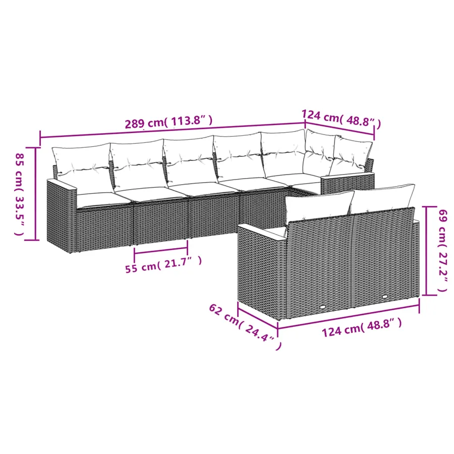Ensemble de canapé de jardin 8 pcs avec coussins gris résine tressée - 7
