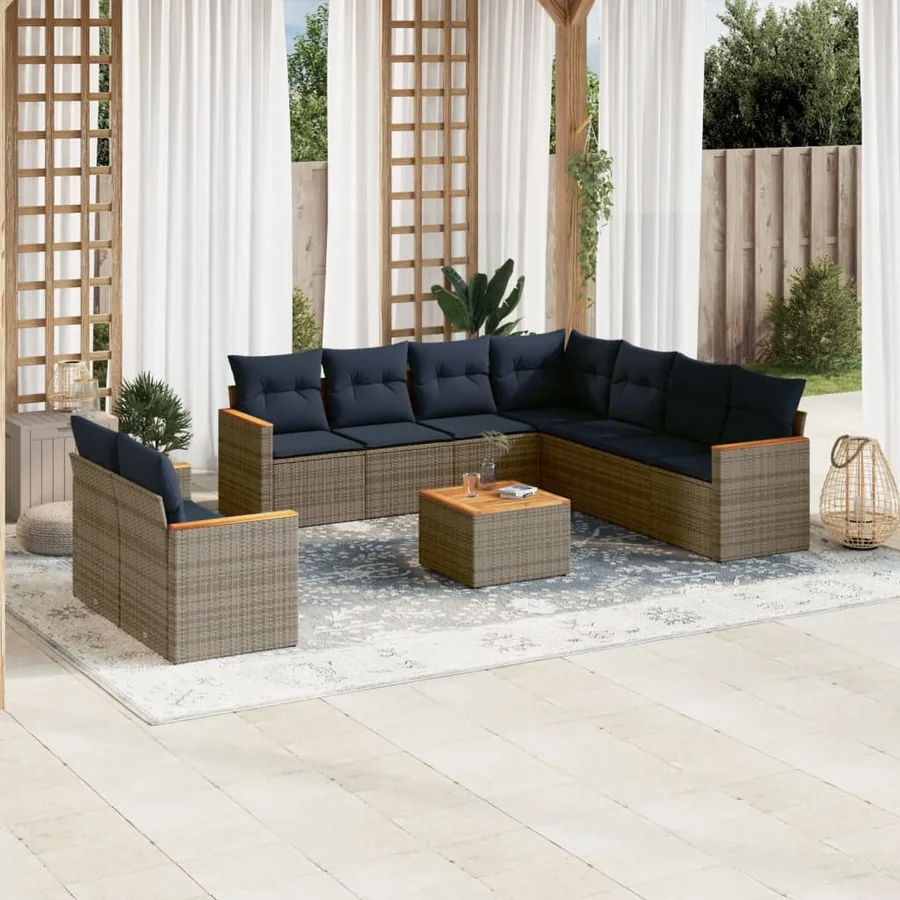 Ensemble de canapé de jardin 10 pcs avec coussins gris résine tressée