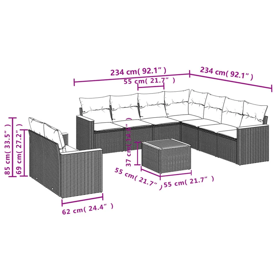 Ensemble de canapé de jardin 10 pcs avec coussins gris résine tressée - 8