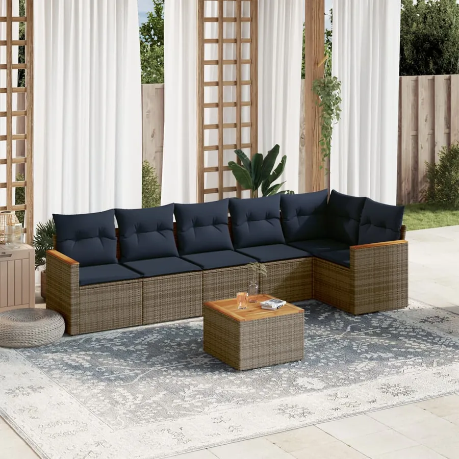 Ensemble de canapé de jardin 7 pcs avec coussins gris résine tressée