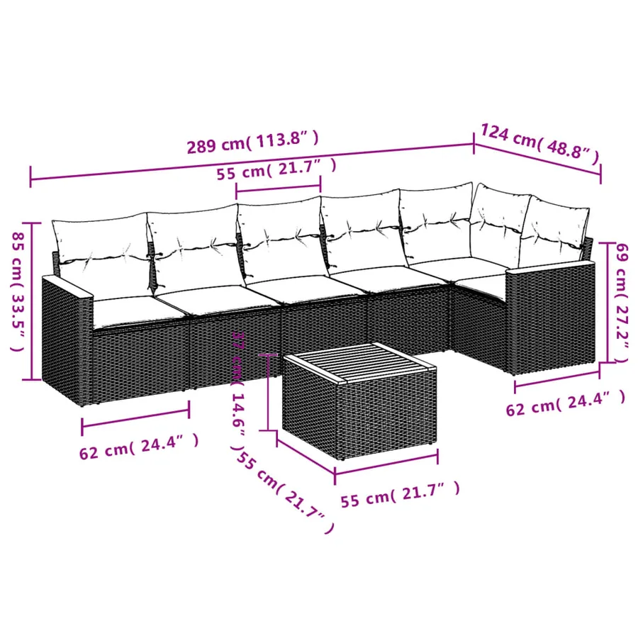 Ensemble de canapé de jardin 7 pcs avec coussins gris résine tressée - 8