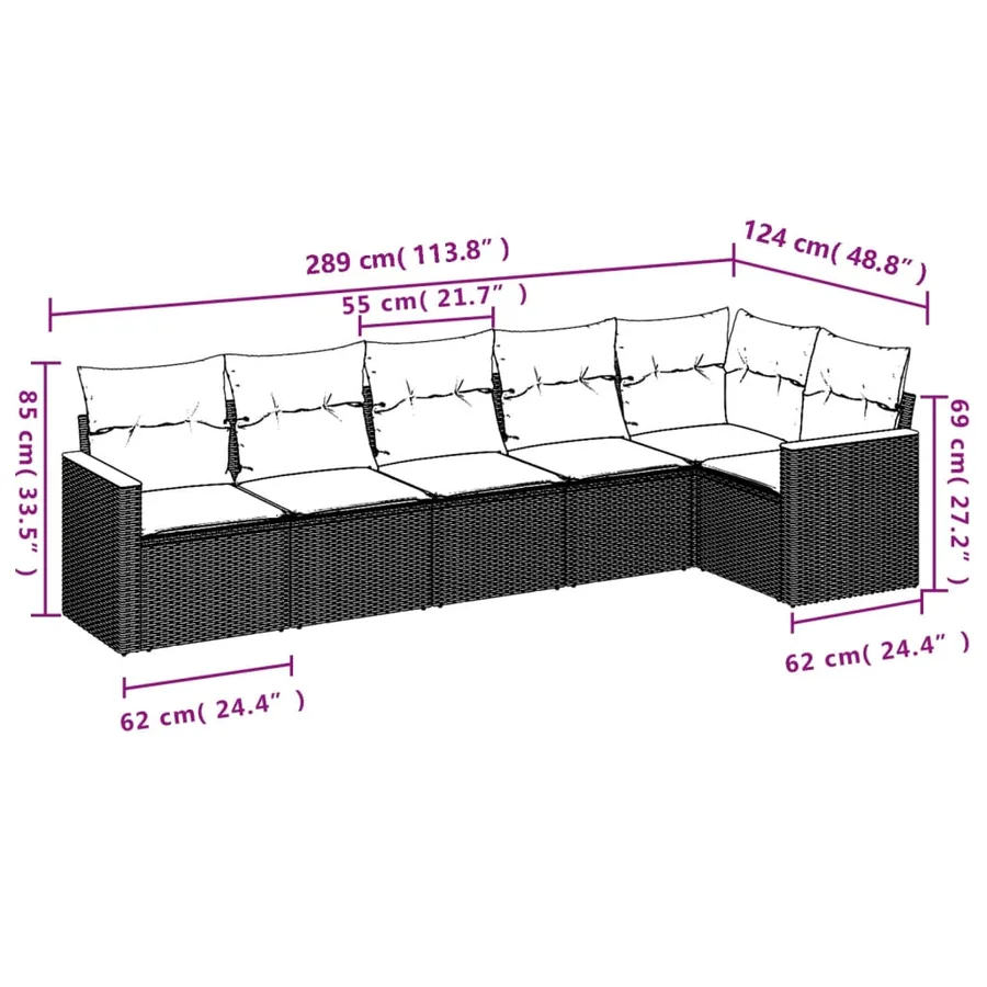 Ensemble de canapé de jardin 6 pcs avec coussins gris résine tressée - 7
