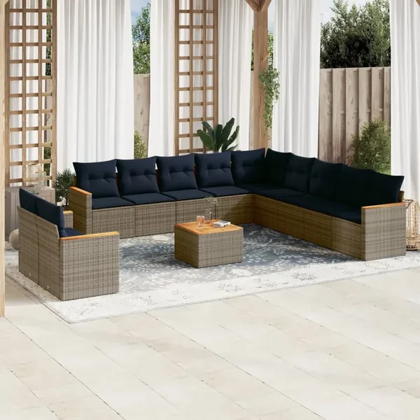 Ensemble de canapé de jardin 12 pcs avec coussins gris résine tressée