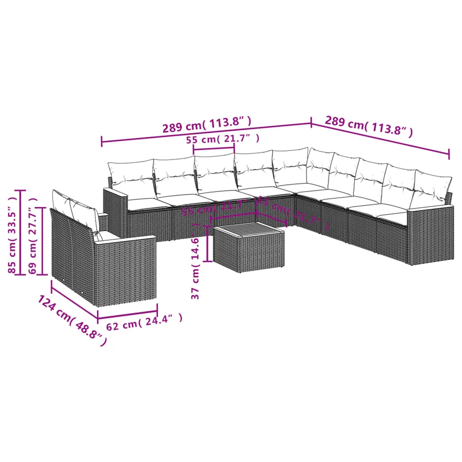 Ensemble de canapé de jardin 12 pcs avec coussins gris résine tressée - 8