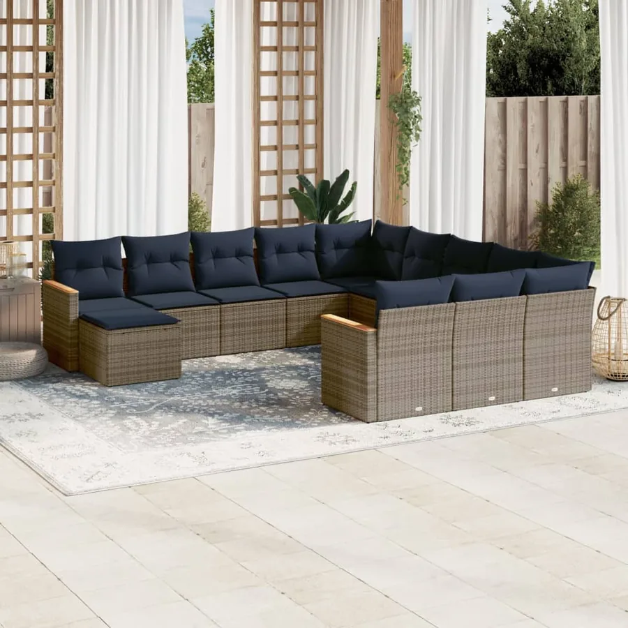 Ensemble de canapé de jardin 12 pcs avec coussins gris résine tressée