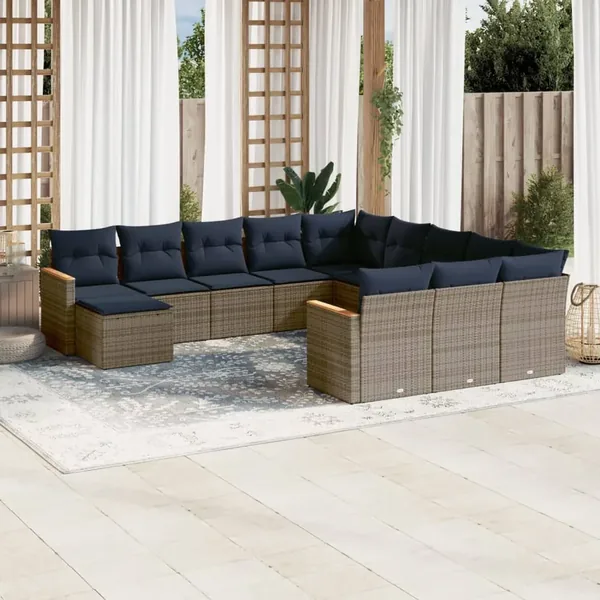 Ensemble de canapé de jardin 12 pcs avec coussins gris résine tressée