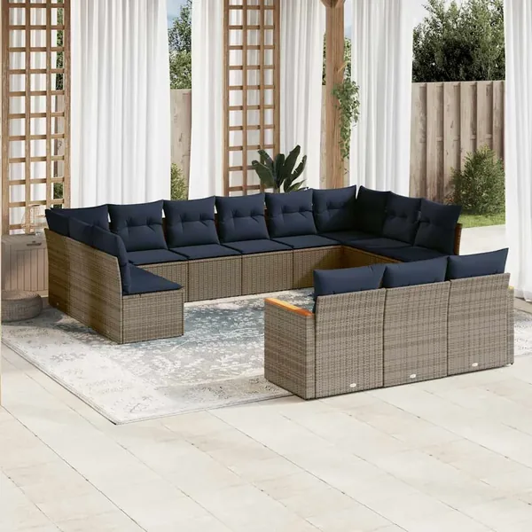 Ensemble de canapé de jardin 13 pcs avec coussins gris résine tressée