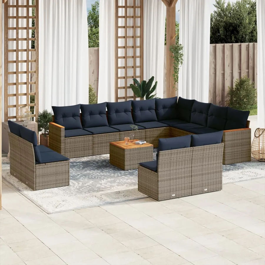 Ensemble de canapé de jardin 13 pcs avec coussins gris résine tressée