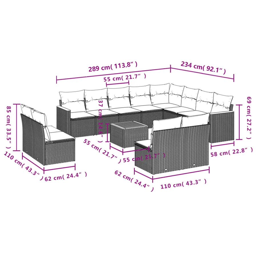 Ensemble de canapé de jardin 13 pcs avec coussins gris résine tressée - 8