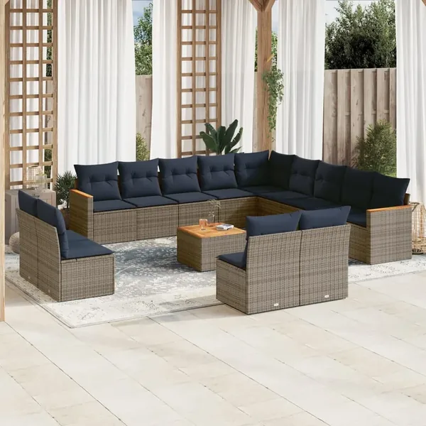 Ensemble de canapé de jardin 14 pcs avec coussins gris résine tressée