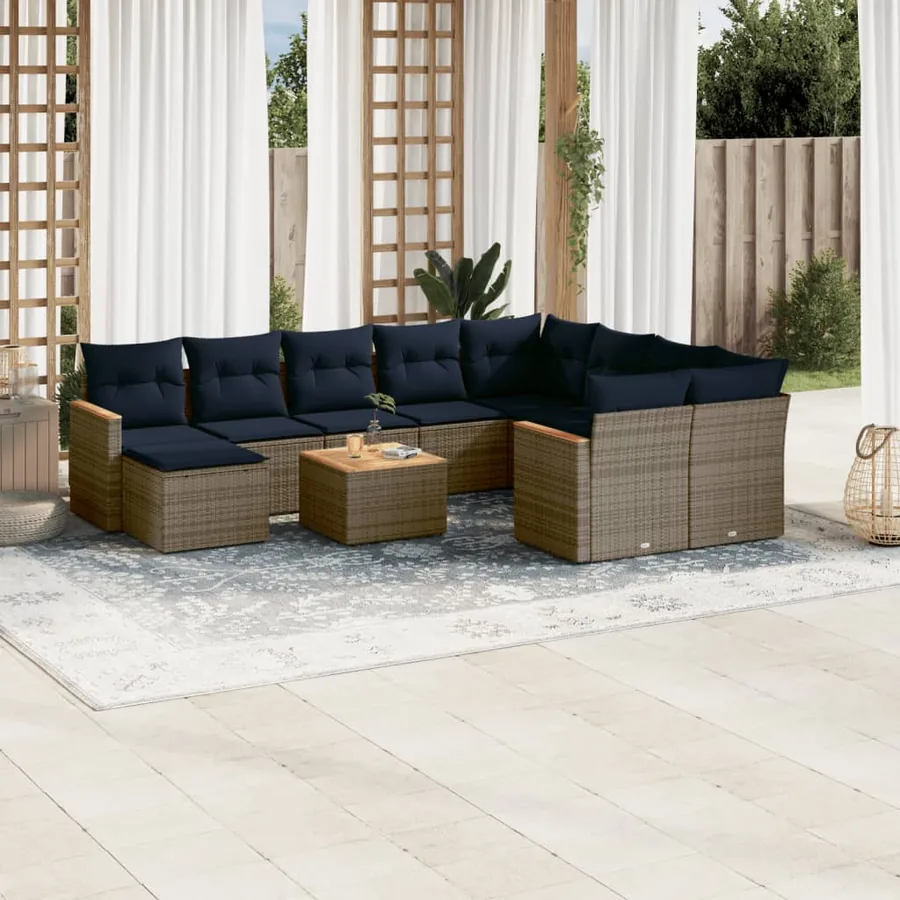 Ensemble de canapé de jardin 11 pcs avec coussins gris résine tressée