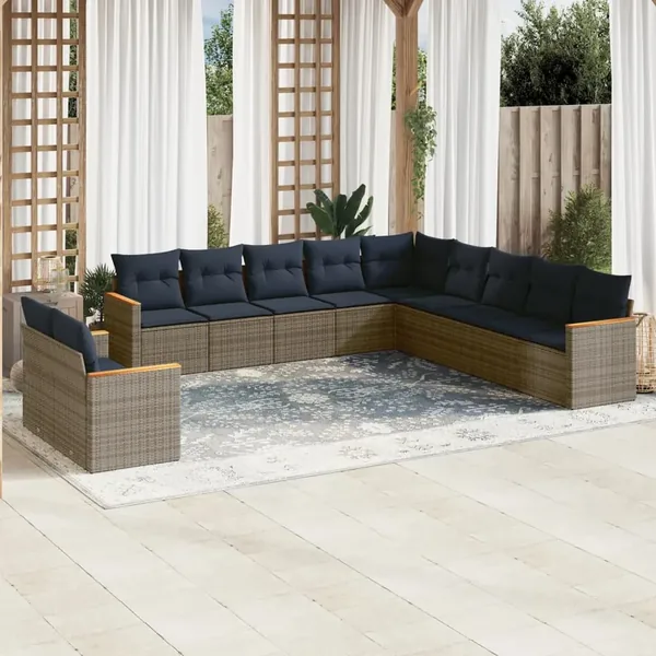 Ensemble de canapé de jardin 11 pcs avec coussins gris résine tressée