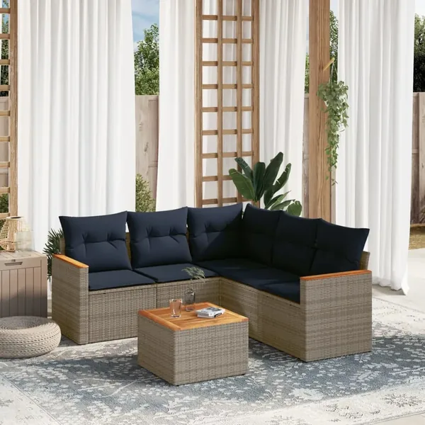 Ensemble de canapé de jardin 6 pcs avec coussins gris résine tressée