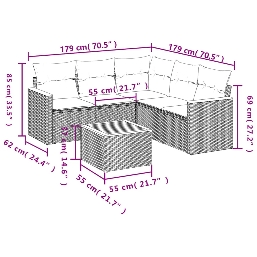 Ensemble de canapé de jardin 6 pcs avec coussins gris résine tressée - 8