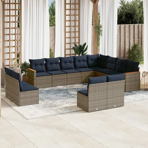 Ensemble de canapé de jardin 12 pcs avec coussins gris résine tressée