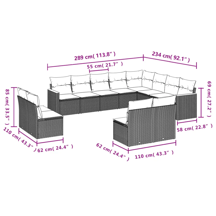 Ensemble de canapé de jardin 12 pcs avec coussins gris résine tressée - 7