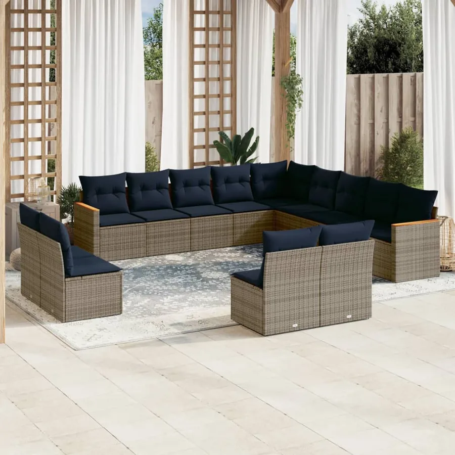 Ensemble de canapé de jardin 13 pcs avec coussins gris résine tressée