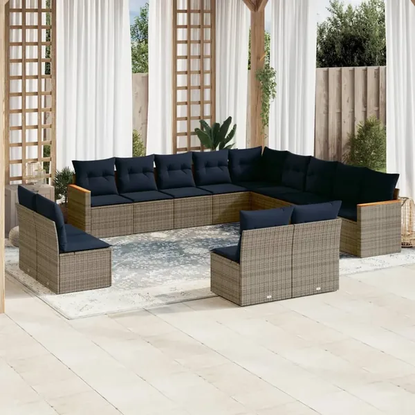 Ensemble de canapé de jardin 13 pcs avec coussins gris résine tressée