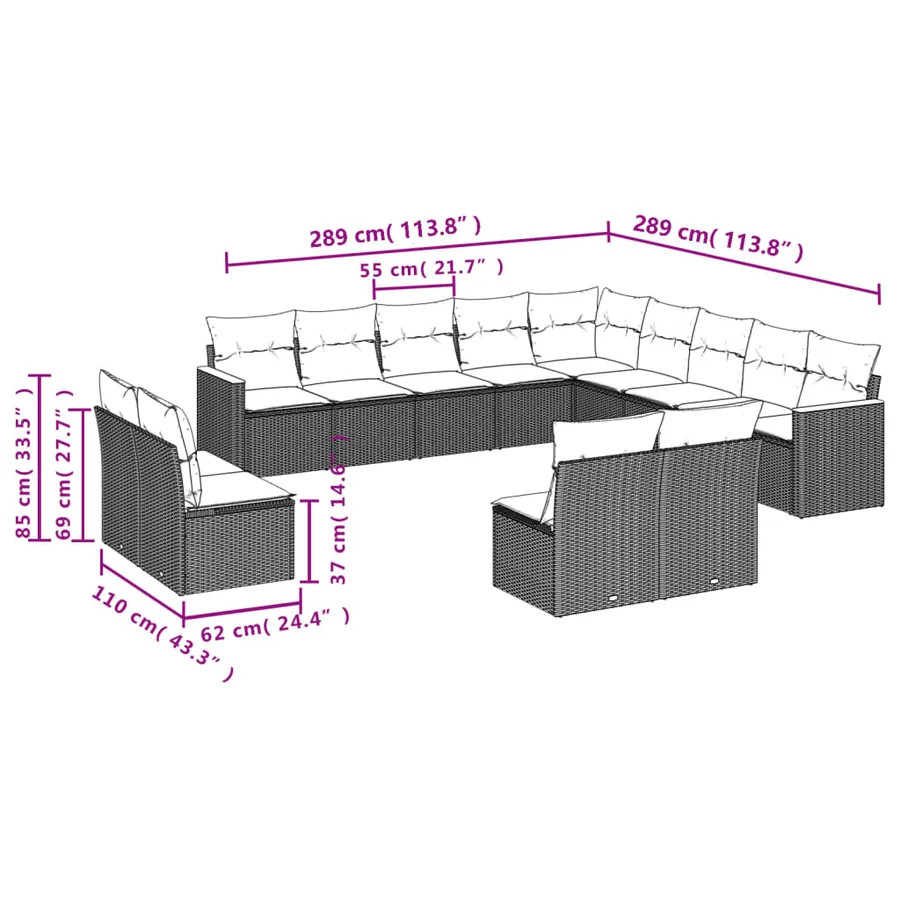 Ensemble de canapé de jardin 13 pcs avec coussins gris résine tressée - 7