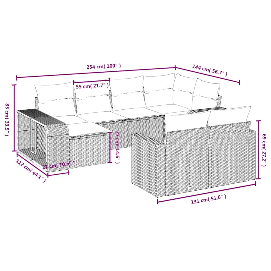 Ensemble de canapé de jardin 10 pcs avec coussins gris résine tressée - 9