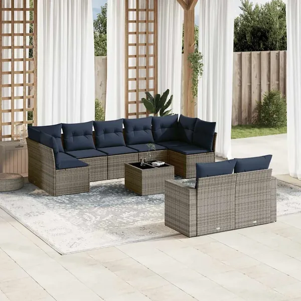 Salon de jardin 10 pcs avec coussins gris résine tressée
