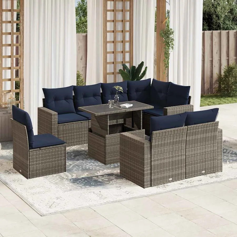 Ensemble de canapé de jardin 9 pcs avec coussins gris résine tressée