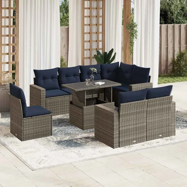 Ensemble de canapé de jardin 9 pcs avec coussins gris résine tressée