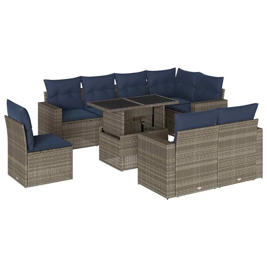 Ensemble de canapé de jardin 9 pcs avec coussins gris résine tressée - 2