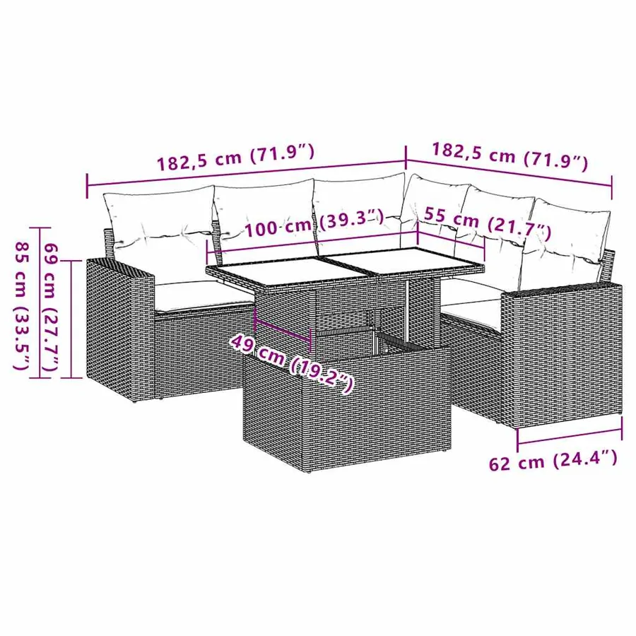 Ensemble de canapé de jardin 6 pcs avec coussins gris résine tressée - 10