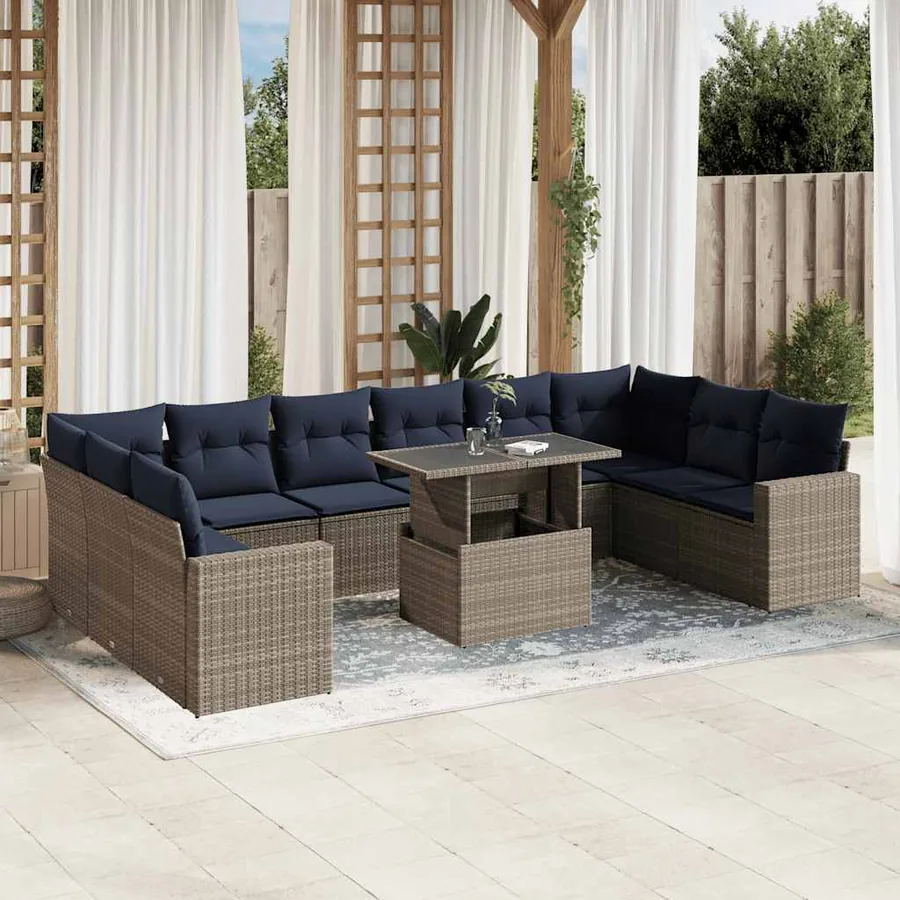 Ensemble de canapé de jardin 11 pcs avec coussins gris résine tressée